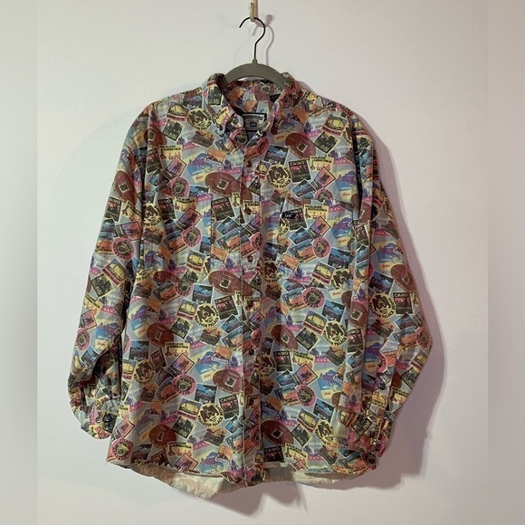 Vintage Lee Denim Button Up Shirt with Novelty International Travel Print, Sz M - Picture 1 of 11